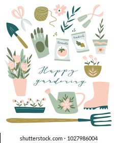 Garden tool set. Vector illustration of gardening elements:  spade, pitchfork, wheelbarrow, plants, watering can, grass,  garden gloves, cart and cute calligraphy. Happy gardening poster design.