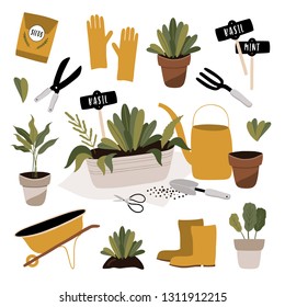 Juego de herramientas de jardín. Ilustración vectorial de los elementos de jardinería: pala, horquilla, carretilla, plantas, barro de riego, pasto, guantes de jardín. Hora de primavera