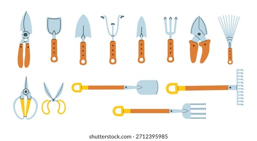Garden tool set. Vector illustration of gardening elements: spring agricultural equipment, shovel, rake, spade, fork, scissors, and pruner. Gardening, agriculture, and ecology.