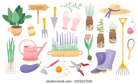 Garden tool set. Vector isolated gardening elements: potted plant, growing organic vegetables, onion flowers, seeds, herbs, gardener's tool. Cute spring set of icons or stickers of home window garden 