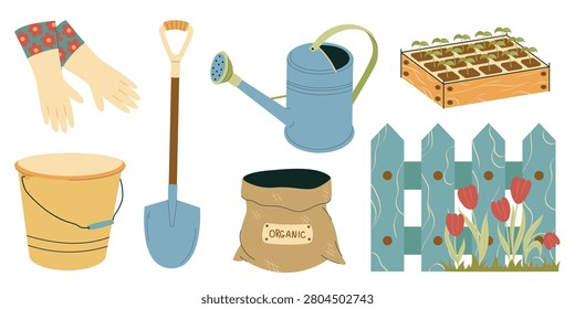 Garden Tool Set, Watering Can Shovel Seedling Tray and Organic Soil Bag Clipart