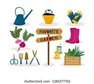 Garden tool set.Vector illustration of gardening elements: spade,pitch,plants, watering can, seedlings in pot, garden gloves and seeds, wooden box for vegetables, rubber boots. Happy gardening design