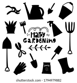 Garden tool set.Vector illustration of gardening elements: spade, pitchfork, plant,watering can,garden gloves,spray,scissor,seeds,potted flowers.Happy gardening design for textile,wrapping paper.