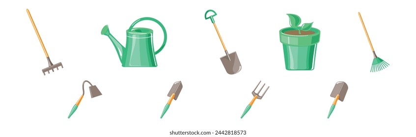 Garden Tool with Shovel, Pot, Rake and Watering Can Vector Set