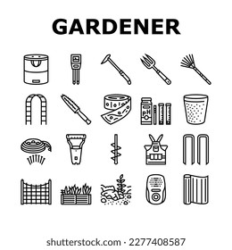 garden tool shovel rake icons set vector. agriculture equipment, plant tool, farm nature, pot wheelbarrow fork, spade, gloves garden tool shovel rake black contour illustrations