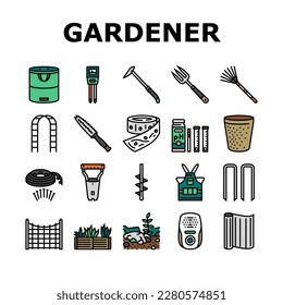 garden tool shovel rake icons set vector. agriculture equipment, plant tool, farm nature, pot wheelbarrow fork, spade, gloves garden tool shovel rake color line illustrations