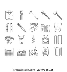 garden tool shovel rake icons set vector. agriculture equipment, plant tool, farm nature, pot wheelbarrow fork, spade, gloves garden tool shovel rake black contour illustrations