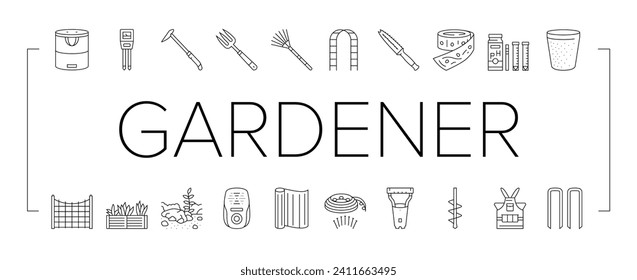 garden tool shovel rake icons set vector. agriculture equipment, plant tool, farm nature, pot wheelbarrow fork, spade, gloves garden tool shovel rake black line illustrations