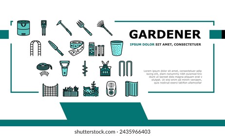 garden tool shovel rake landing web page vector. agriculture equipment, plant tool, farm nature, pot wheelbarrow fork, spade, gloves garden tool shovel rake Illustration