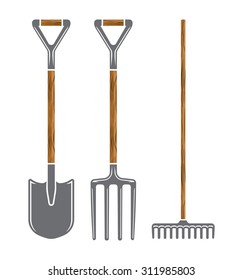 Garden tool spade, pitchfork and rake vector icons