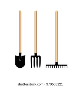 Garden tool spade, pitchfork and rake vector icons