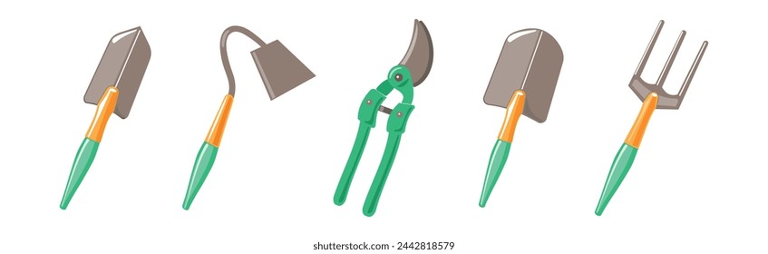 Garden Tool with Trowel, Rake, Pruner and Pitchfork Vector Set