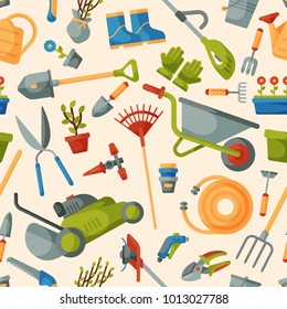 Garden tool vector gardening equipment rake or shovel and lawnmower of gardener farm collection or farming set illustration seamless pattern background