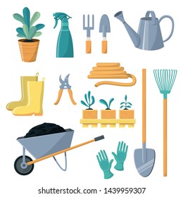 Instrumento de jardín vectorial equipo de jardinería rastrilladora de palas para plantas en maceta de jardinería colección de granjas o conjunto de ilustraciones aisladas en fondo blanco