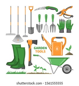 Garden tool vector gardening equipment rake shovel trowel and watering can of gardener farm collection illustration farming set of farming wheelbarrow isolated on white background.