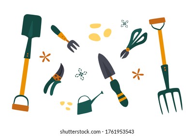 Garden tool vector gardening equipment rake or shovel and lawnmower of gardener farm collection or farming set illustration isolated on white background