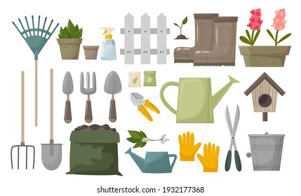 Garden Tool Vector Gardening Equipment Rake, Shovel Watering Can, Scissors, Gloves, Boots, Bucket, Seeds. Gardener Collection Farm Or Agriculture Set Of Illustrations Isolated On White Background