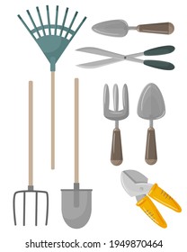 garden tool vector gardening equipment rake, shovel, pitchfork, scissors, gardener collection of farm or agriculture set of illustrations isolated on white background