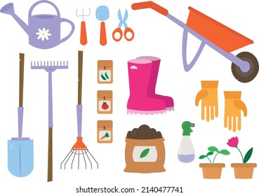 Instrumento de jardinería vectorial de jardín rastrillo o pala y cortadora de césped de recolección de granjas de jardinería o conjunto de ilustraciones aisladas en fondo blanco 