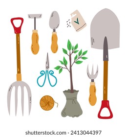 Garden tool, vector garden tool, rake or shovel,scissors, seedling, seed gardener, farmer collection or farm set, illustration isolated on white 