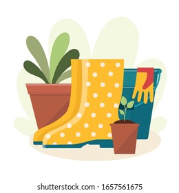 Gartenwerkzeug.Zusammensetzung der Gummistiefel, ein Topf mit einer Pflanze neben einem Eimer mit Handschuhen, die darüber hängen.  Frühlingspflanzung.Flache Vektorillustration Illustration