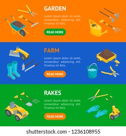 Garden Tools 3d Banner Horizontal Set Isometric View Include of Shovel and Rake. Vector illustration of Tool for Gardening Work
