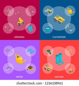 Garden Tools 3d Banner Set Isometric View Include of Shovel and Rake. Vector illustration of Tool for Gardening Work