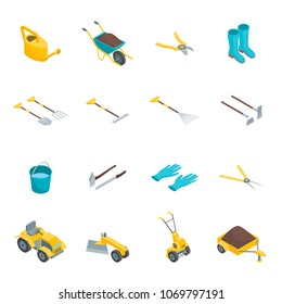 Garden Tools 3d Icons Set Isometric View Include of Shovel and Rake. Vector illustration of Tool for Gardening Work