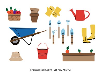 Garden tools and accessories in cartoon style – wheelbarrow, watering can, gloves, boots, shovel, rake, and vegetable harvest.