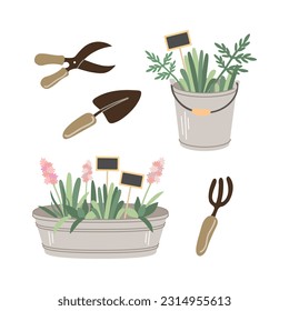 Garden tools and accessories. Collection. Bucket, tin pot, plants, shovel, pitchfork, garden shears, wooden signs. Vector illustrations  isolated on white background. Gardening flat vector set.