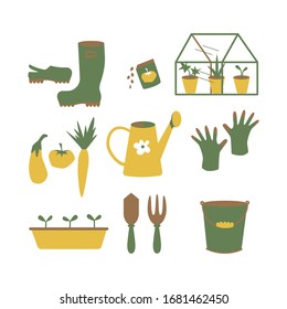 Gartenwerkzeuge und Zubehör-Kollektion. Handgezeichnete Gartenelemente für Design, Web, Druck, Aufkleber