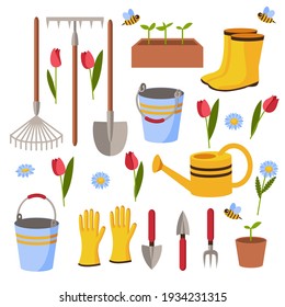 Garden Tools And Accessories. Collection. Watering Can, Bucket, Boots, Gloves, Shovel, Rake, Sprouts, Bee, Flowers, And So On. Vector Graphics On An Isolated White Background.