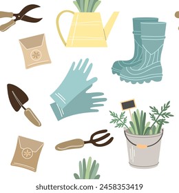 Garden tools and accessories. Gardening flat seamless pattern.  Watering can, bucket, boots, gloves, plants, shovel, pitchfork, garden shears. Vector illustrations isolated. 