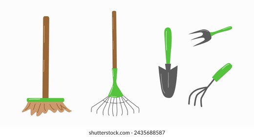 Garden tools and accessories set white background. Rake brush shovel. For website gardeners store banner. Vector illustration.