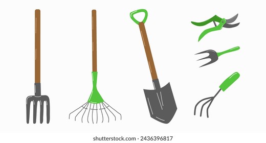 Garden tools and accessories set white background. Pitchfork rake and shovel. For website gardeners store banner. Vector illustration.