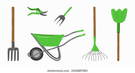 Garden tools and accessories set white background. For website gardeners store banner. Vector illustration.