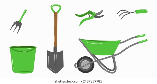 Herramientas de jardín y accesorios conjunto de fondo blanco. Carro de pala de cubo y herramienta de costura. Para los jardineros web banner de la tienda. Ilustración vectorial.