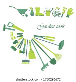 Garden tools. agriculture and farming. Vector shovel, rake and spade,  water sprayer. vector flat illustration