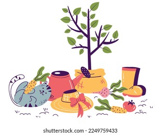 Garden tools agriculture spring summer time gardening equipment isolated set. Cat playing with gardening tool concept. Vector cartoon graphic design element illustration