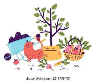 Gartenwerkzeuge Landwirtschaft Frühling Sommer Zeit Gartenarbeit einzeln Set. Katzen spielen mit Gartenwerkzeug Konzept. Vektorgrafik-Design-Element-Illustration