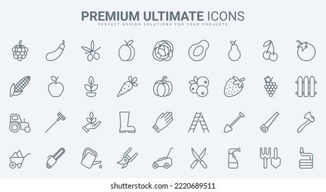 Garden tools and agriculture thin line icons set vector illustration. Abstract outline electric equipment, gardening tools with handle to care farm plants and lawn grass, vegetables and fruit