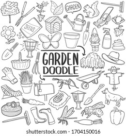 Herramientas de jardín y conjunto de doodle para animales. Esquema vectorial Ilustración, jardinería y horticultura. Equipo de agricultura doméstica.