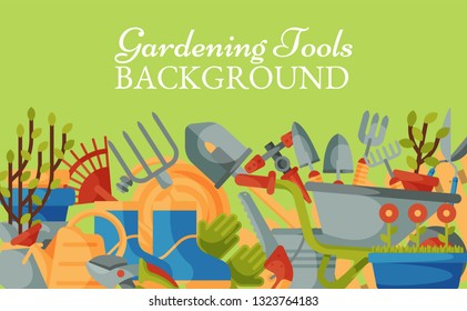 Garden tools background banner vector illustration. Equipment for gardening. Wheelbarrow, trowel, fork hoe, boots, gloves, shovels and spades, lawn mower, watering can. Flower and tree.