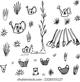 Garden tools, baskets for leaves, rakes, shovel, hoe, waterer, tree seedling.
