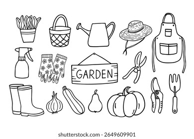 Garden tools, boots, gloves, basket, watering can, vegetables and fruits in hand-drawn doodle style, vector black thin line on white, clean simple aesthetic for prints, stickers, packaging