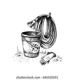 Garden tools. Bucket with water. Hose for watering. Gloves. Vector illustration of a sketch