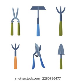 Garden Tools with Bush Pruner, Hammer, Trowel and Shears Vector Set