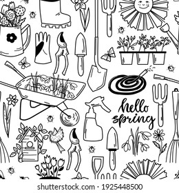 Garden tools c with flowers and calligraphy seamless pattern in contour style. Coloring book. Vector illustration.