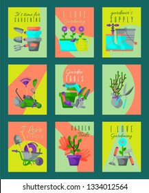 Garden tools card set vector illustration. It s time for gardening. Gardener supply. I love my garden. Wheelbarrow, trowel, fork hoe, boots, gloves, shovels and spades, lawn mower.