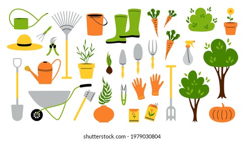 Garden tools. Cartoon instruments and supplies for soil work, shovel gloves rake pruner seeds and plants. Vector garden work isolated set